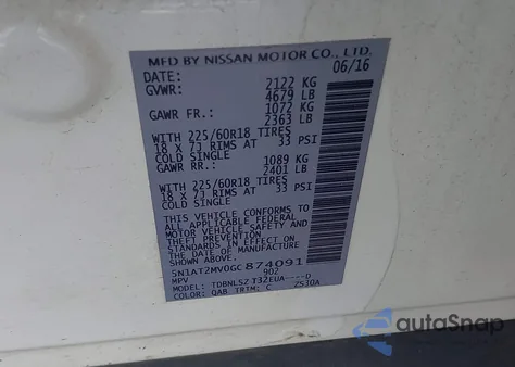 2016 Nissan Rogue Sl z USA, uszkodzony, nr VIN 5N1AT2MV0GC874091